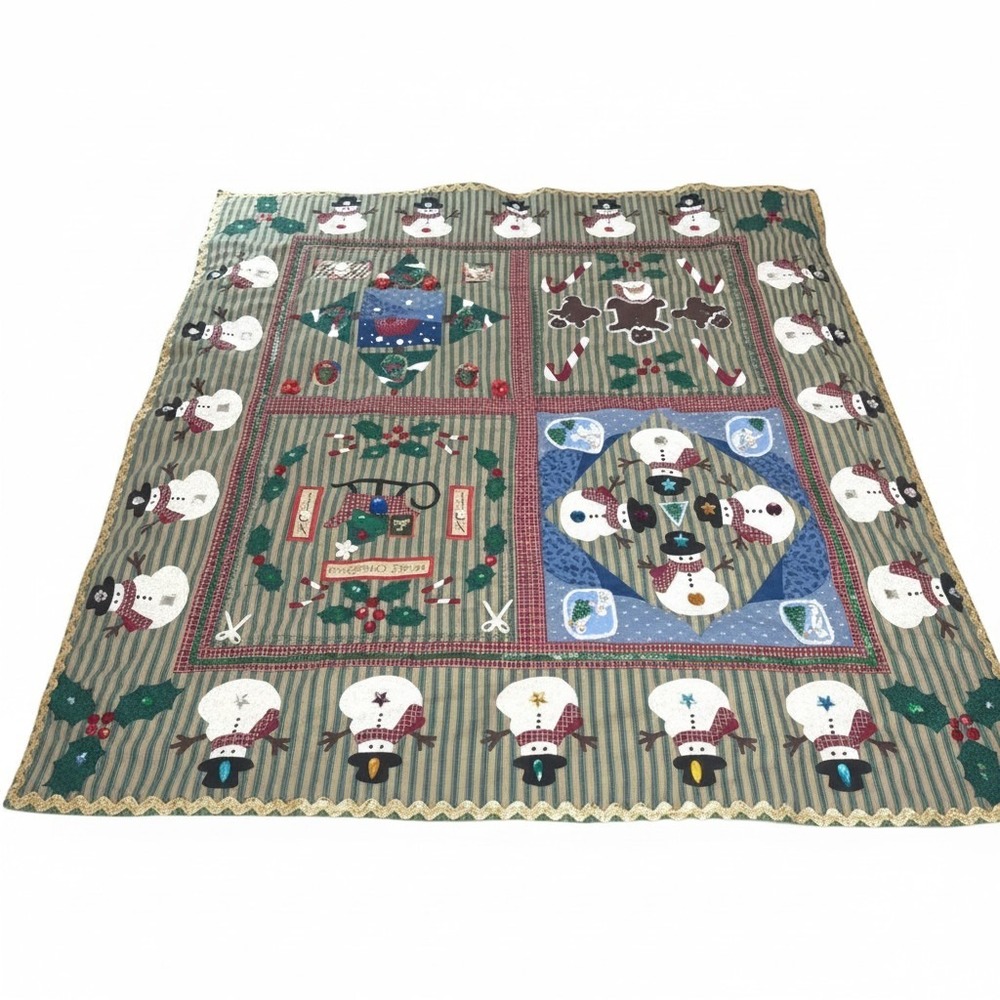 VTG Snowman Christmas Wall Hanging Table Topper Quilt Fabric Panel 33 X 33